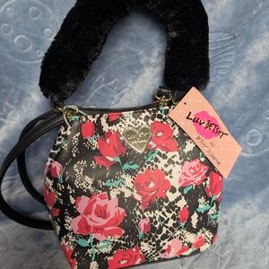 Betsey Johnson black and red floral crossbody purse NWT